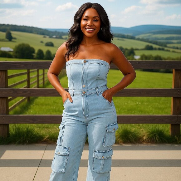 Strapless Denim Cargo Jumpsuit Y2K Edgy Streetwear Utility Baddie Distressed XL - Picture 4 of 12